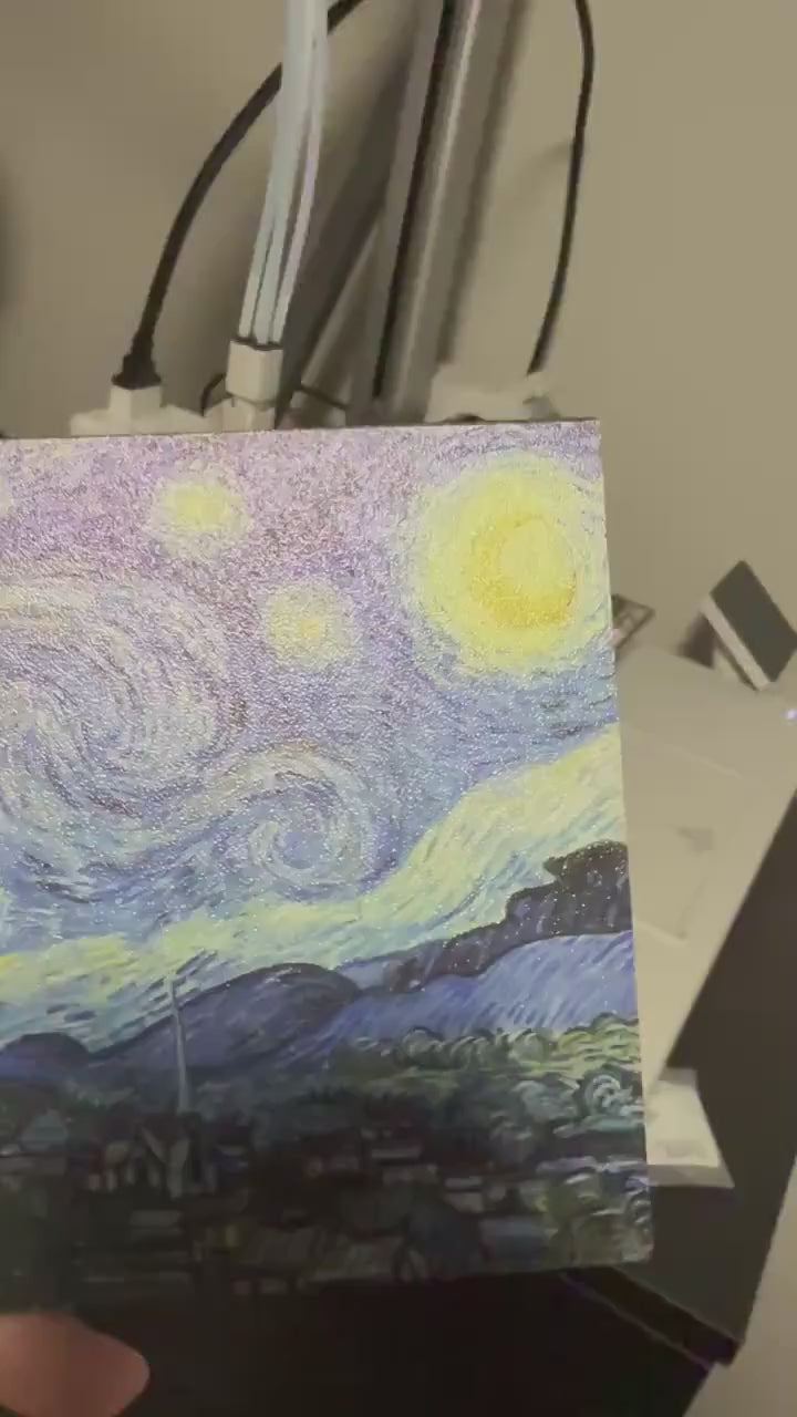 Starry Night Steam Machine Faceplate: Van Gogh Art UV Printed Magnetic Panel, video showing a hand holding the uninstalled Starry Night faceplate panel in front of a UV printer