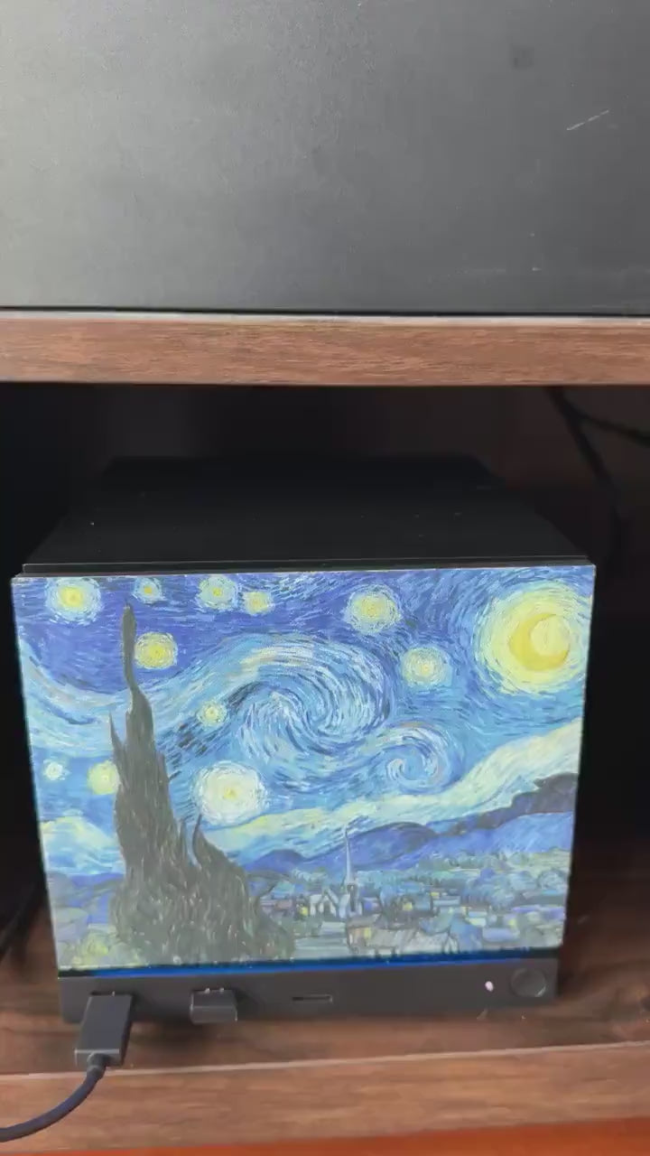 Starry Night Steam Machine Faceplate: Van Gogh Art UV Printed Magnetic Panel, video showing the Steam Machine with the Starry Night faceplate installed on a wooden shelf beneath a black game console
